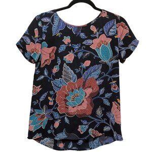 LOFT Floral Blue Pink Round Neck Short Sleeve Top XS
